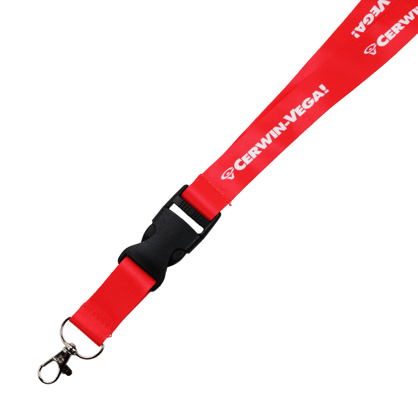 The Cerwin-Vega Mobile Lanyard (Red | Black) - CVMLANR features a striking red design with "Cerwin-Vega!" in white, a black plastic buckle, and a sleek silver metal keyring, offering style and functionality.