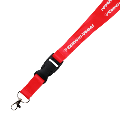 The Cerwin-Vega Mobile Lanyard (Red | Black) - CVMLANR features a striking red design with "Cerwin-Vega!" in white, a black plastic buckle, and a sleek silver metal keyring, offering style and functionality.