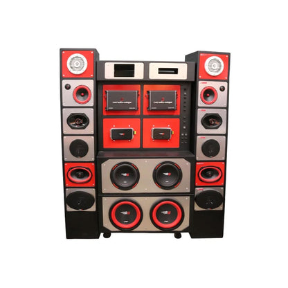 The Cerwin-Vega Mobile Display is a large car audio system with multiple speakers and subwoofers in a rectangular frame. It features a bold red and black color scheme, circular speakers, and rectangular amplifiers, creating an eye-catching pattern.