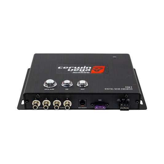 The Cerwin Vega CVM2 Digital Bass Restoration Processor is a sleek black device for car audio systems, featuring RCA connectors, control knobs, a USB port, and a fuse slot. The brand logo and model details are prominently displayed on the top surface.