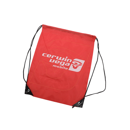 The Cerwin Vega Mobile Drawstring Bag is made from lightweight red material with black drawstrings and reinforced corners with grommets. It prominently features a crisp white "Cerwin Vega Mobile" logo on the front, subtly outlining a speaker.