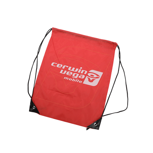 The Cerwin Vega Mobile Drawstring Bag is lightweight, featuring sleek black strings and reinforced black corners for durability. It displays the "Cerwin Vega Mobile" logo in white with stylized text and a sound wave graphic on a red background.