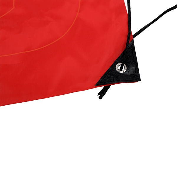 Close-up of a Cerwin Vega Mobile Drawstring Bag corner showing the lightweight red fabric with a faint orange curve outline. It features reinforced black corners, a metal grommet, and a black drawstring, providing a smooth, slightly reflective texture.