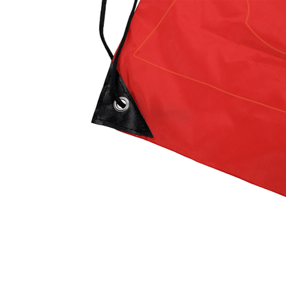 Close-up of Cerwin Vega Mobile Drawstring Bag's bright red fabric with a black loop, featuring a durable metallic eyelet in the corner. The lightweight material is slightly wrinkled with a faint orange outline, ensuring easy handling and storage.