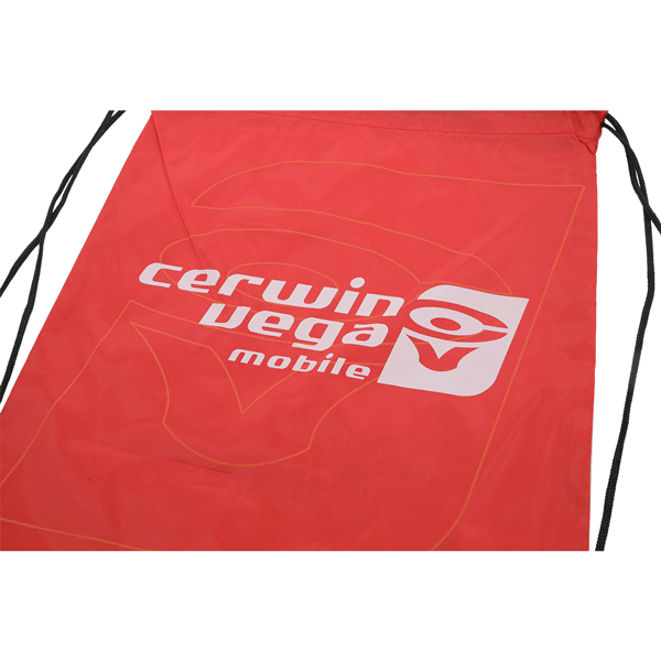 The Cerwin Vega Mobile Drawstring Bag features a white logo and stylized eye design on a subtly patterned background. It comes with black drawstrings, making it ideal for those on the go.