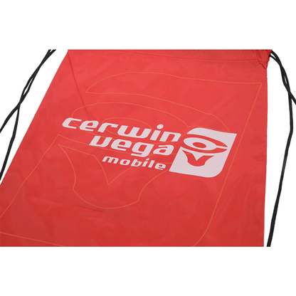 The Cerwin Vega Mobile Drawstring Bag features a white logo and stylized eye design on a subtly patterned background. It comes with black drawstrings, making it ideal for those on the go.