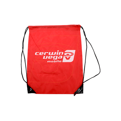 The Cerwin Vega Mobile Drawstring Bag is red with "Cerwin Vega Mobile" and the logo in white. Made from lightweight material, it includes black drawstrings, corner reinforcements, and metal eyelets on a plain white background.