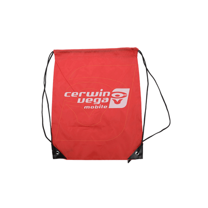 The Cerwin Vega Mobile Drawstring Bag is a lightweight red backpack with black corners and strings, featuring a large white Cerwin Vega logo and "cerwin vega mobile" text on the front. The plain white backdrop highlights its sleek design.