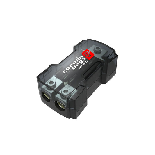 The Cerwin Vega CAGU300 is a sleek, transparent black AGU fuse holder with two metallic connection slots and grooved edges. It features the brand logo in white and red, a cover for protection, four fastening screws, 1-1/0 gauge input, and 2-4/8 gauge outputs for seamless connectivity.