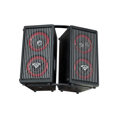 Two black CVA-28 speakers with red-ringed drivers feature elongated grilles. They're mounted on a metal frame, offering modern aesthetics and sound projection. The design includes a CVFLY-1A Flyware Accessory Kit for precise angling.