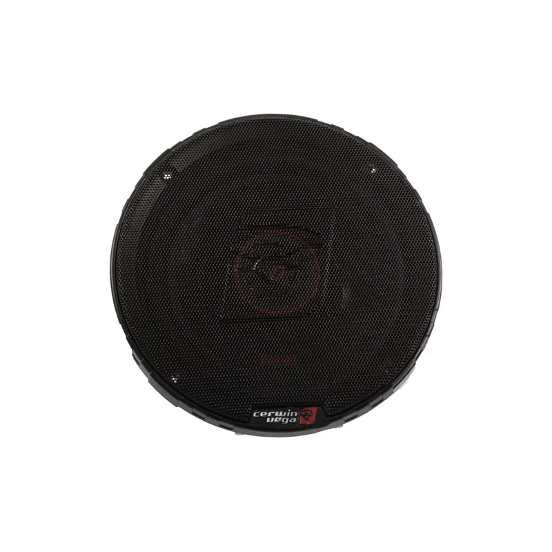 The 6.5" HED Series Speaker Grills (Pair), model GRL65 by Cerwin Vega, feature a round design with a Speaker Mesh Grill showcasing the logo and model name at the bottom. The sleek, dark textured finish of this subwoofer accessory stands out beautifully against a white background.