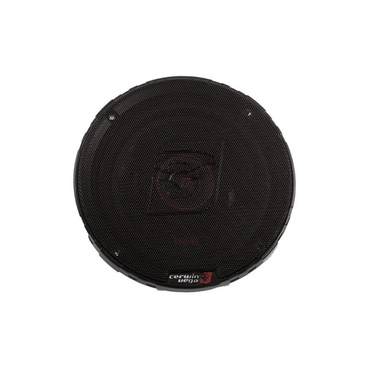 The 6.5" HED Series Speaker Grills (Pair), model GRL65 by Cerwin Vega, feature a round design with a Speaker Mesh Grill showcasing the logo and model name at the bottom. The sleek, dark textured finish of this subwoofer accessory stands out beautifully against a white background.