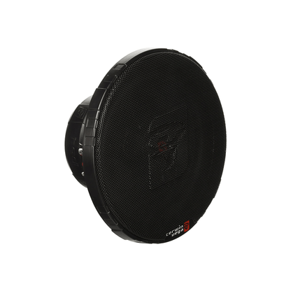 A sleek, modern black Cerwin Vega GRL65 speaker with a round, textured grill features a small red and white "Cruise Control" logo on top. Its side shows the depth and connecting wires.