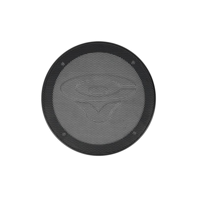 The PH Series 6.5" Grill - GRL65PH features a circular black metal mesh grille with a textured, mesh-like surface, framed thinly in black. Its minimalist and round design is accentuated against a plain white background, reflecting the essence of Cerwin-Vega's PH Series Speakers.