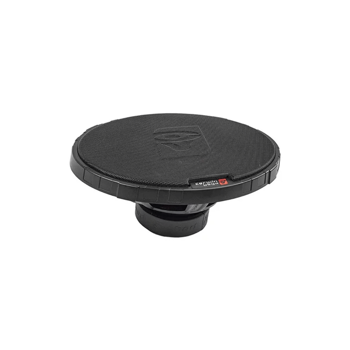 A black, round Cerwin-Vega car subwoofer with a textured surface is displayed on a white background. The top bears the Cerwin-Vega logo and there's a red and white side label. Its slightly narrower base ensures stability, enhanced by the robust 6"x 9" HED Series Speaker Grills (Pair) - GRL69.