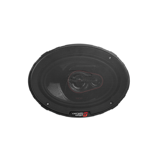 The HED Speaker Grills feature an oval black design for in-vehicle audio systems, with a protective grille. Multiple small cones ensure sound dispersion. A sleek look is completed by a red "Cerwin-Vega!" logo on the black base.