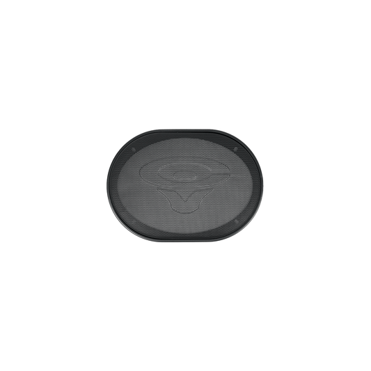 The Cerwin-Vega PH Series 6"X9" black oval car speaker GRL69PH features a metal mesh grill with a subtle center logo. Its solid outer edge contrasts with the perforated design, providing a sleek, modern look. The speaker is shown isolated on a white background.