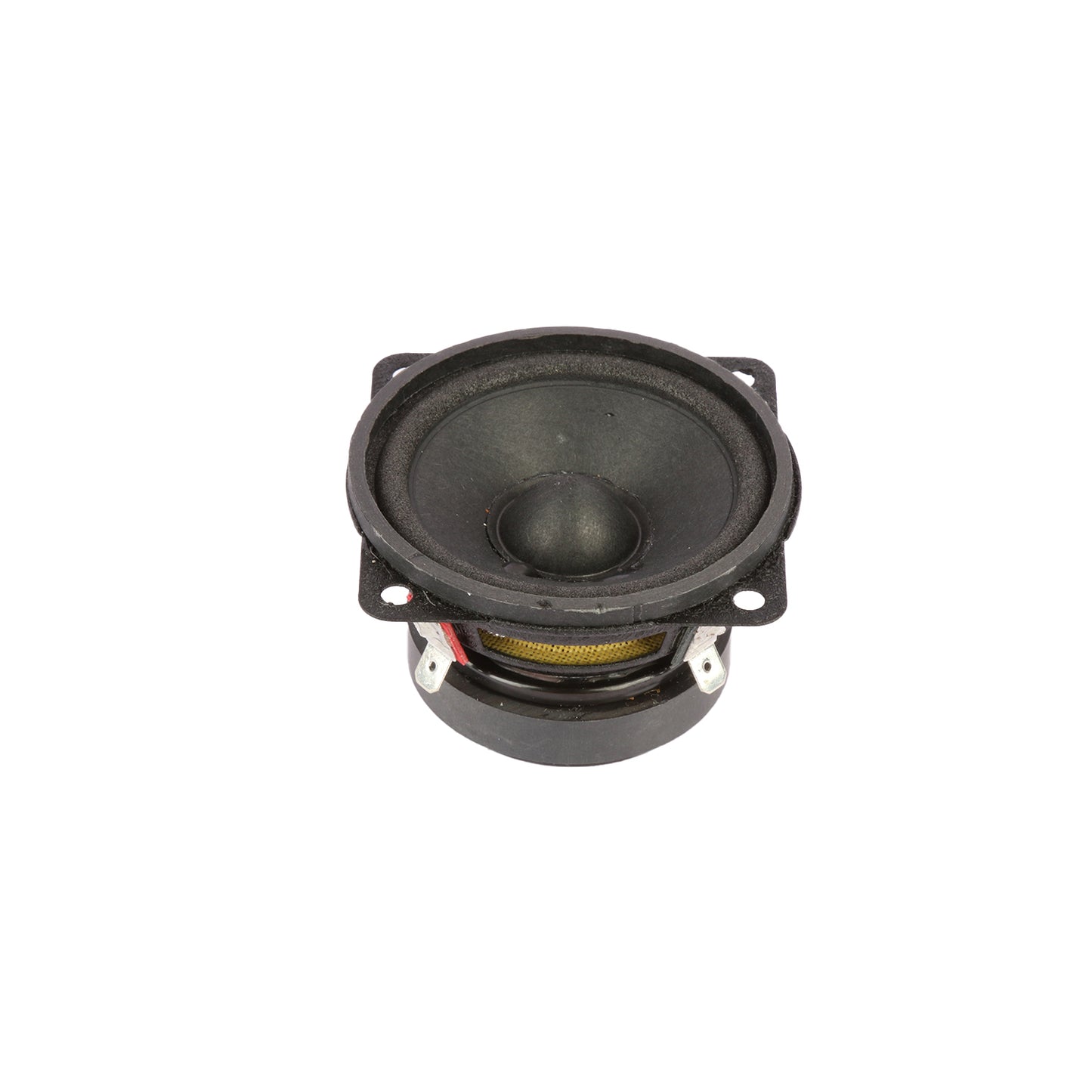 A HED 2025 Edition Coaxial Speaker with a visible cone diaphragm, circular frame, and central dome is set against a plain white background. Featuring impressive audio performance and four mounting holes for its rectangular bracket, this black 2.5" full-range speaker is labeled as the H25 model.