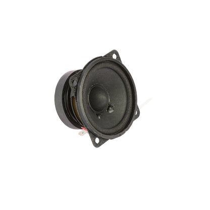 The HED 2025 Edition Coaxial Speaker (2.5" FULL RANGE SPEAKER - H25) features a black coaxial driver angled forward on a white background, with a round diaphragm framed by black and four mounting holes. Its visible magnet and coils enhance audio, and wiring protrudes from the side.