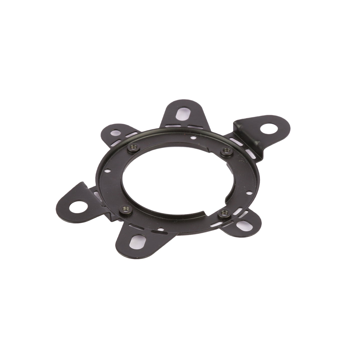 A circular black metal bracket with extended tabs and mounting holes is designed for support, ideal for automotive or machinery use. It enhances performance when paired with the HED 2025 Edition Coaxial Speaker - 2.5” FULL RANGE SPEAKER - H25.