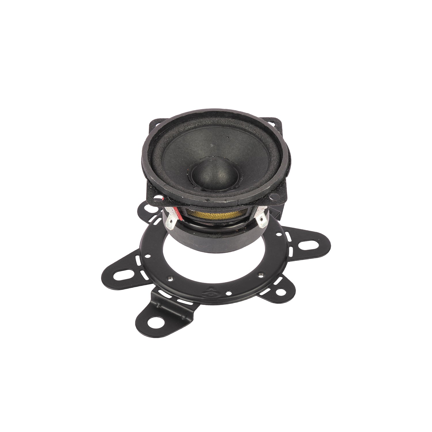 The HED 2025 Edition Coaxial Speaker - 2.5” FULL RANGE SPEAKER (H25) features a round black design with a circular frame and mounting holes against a white background. The visible speaker cone has a rubber edge, metallic connectors, and coiled wire for enhanced audio performance.