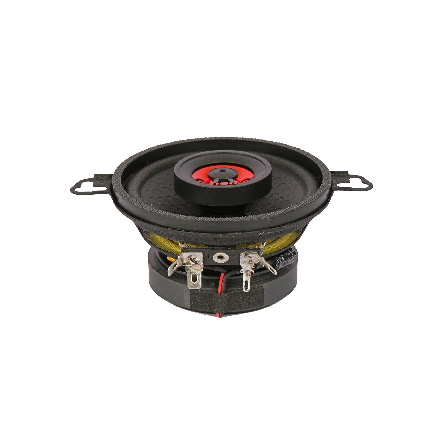 The HED 2025 Edition Coaxial Speaker - H35 is a 3.5" 2-way speaker with a black textured diaphragm, red center, metal frame with mounting tabs, visible wiring at the base, side coiled elements, and a magnet structure for dynamic sound and optimal audio performance.