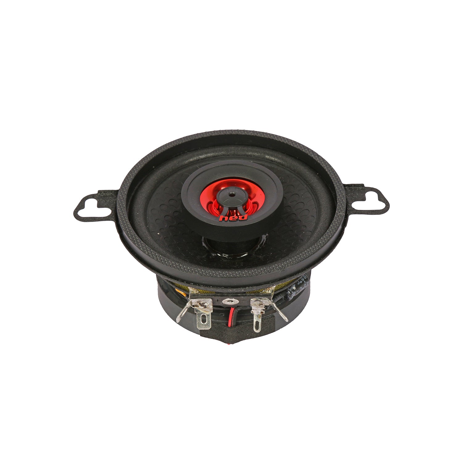 The HED 2025 Edition Coaxial Speaker (H35) features a round black design with a red center tweeter and two metallic connectors, ensuring easy installation. Its textured surface and mounting tabs provide dynamic sound on a plain white background.