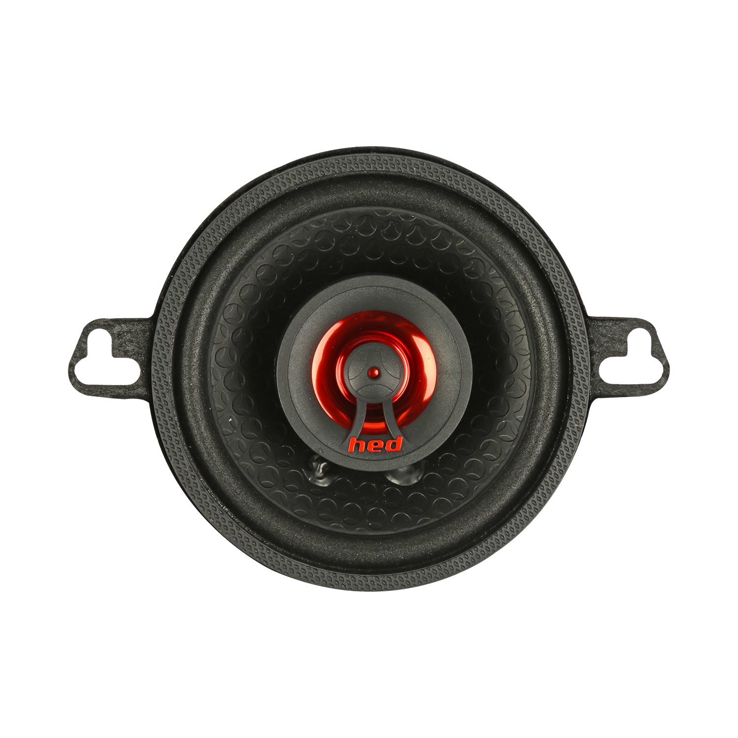 This black HED 2025 Edition H35 speaker boasts a red metallic center with "hed" label, textured outer ring, and two mounting tabs for easy installation. Its 3.5” 2-way coaxial design enhances sound quality and contrasts sharply with its black cone material.