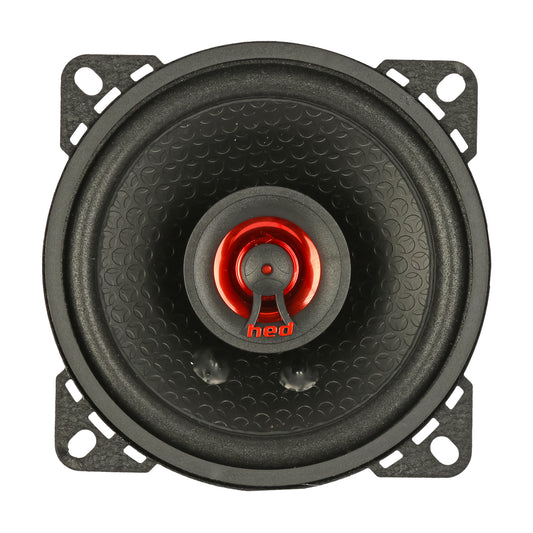 Close-up of the HED 2025 Edition Coaxial Speaker - 4” 2-WAY COAXIAL FULL RANGE SPEAKER SYSTEM, model H40, showcasing a textured black cone with a red centerpiece marked "hed" in a square black frame with corner mounting holes; the vibrant red pops against the dark design.