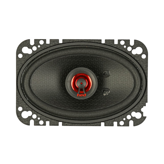 The HED 2025 Edition Coaxial Speaker features a 4x6” oval design with a textured black cone, red detailing, and central dome. Mounted in a rectangular black frame with rounded edges and multiple installation holes, it offers full-range sound as the H46 from Cerwin Vega.