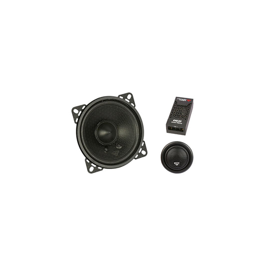 A set of car audio components on a white background features the Cerwin Vega HED 2025 Edition Component Speaker, including a round black full-range speaker with a central dome and mounting holes, a smaller circular tweeter with mesh front, and a black rectangular crossover box with brand logos and labels.