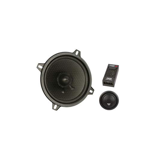 The HED 2025 Edition Component Speaker, model H525C, features a 5.25" round 2-way speaker in a textured black finish with three mounting tabs. It includes a compact tweeter with visible cone and a rectangular crossover in black casing with red accents, creating an impressive audio setup.