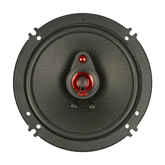 Featuring a sleek design, the 6.5” HED 2025 Edition Coaxial Speaker (H653) from the Cerwin Vega HED Series showcases a textured black surface with a central red cone and labeled "hed" dome, along with mounting holes for easy installation.