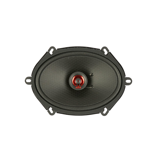 The oval-shaped HED 2025 Edition Coaxial Speaker H682 features a black textured surface with a striking red center cone. As a 6x8" 2-way coaxial full-range system, it includes four evenly spaced mounting tabs and the prominent Cerwin Vega logo, with its sleek design highlighted against a plain white background.