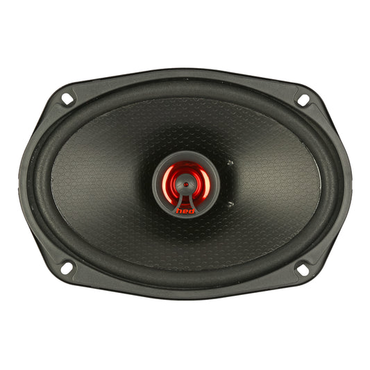 The Cerwin Vega HED 2025 Edition is an oval-shaped, black 6x9'' speaker with a textured surface and a central red cone accent. It includes four mounting holes, ideal for full-range audio as a 2-way coaxial system.