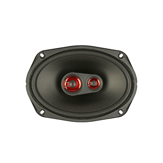 The HED 2025 Edition H693 coaxial speaker is a 6X9” 3-way system featuring an oval-shaped black design with a textured cone and dual red circular elements on a rectangular frame, offering modern appeal and dynamic sound performance while highlighting its intricate internal components.