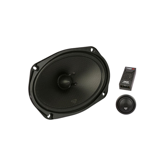 The HED 2025 Edition Component Speaker - H69C features an oval black car speaker with a central dome, accompanied by a round tweeter and small rectangular crossover unit on the right. All components boast a sleek, modern design with textured surfaces.