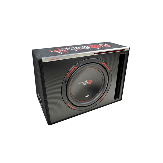 The HED Series 12" Vented Subwoofer Enclosure (Passive) - H6E12SV features a black fabric-covered rectangular box with red and white text accents. A central circular speaker with red highlights, marked "Enclosure," is housed inside. The design includes a vertical vent on the right side.