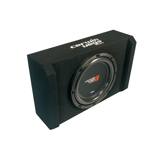 The HED Series 10" Sealed Down Firing Shallow Subwoofer Enclosure (H7SE10) in sleek black features a circular speaker with "Cerwin Vega" in white. Its angled edges and metallic ring surrounding a black cone enhance bass output for an elevated audio experience.