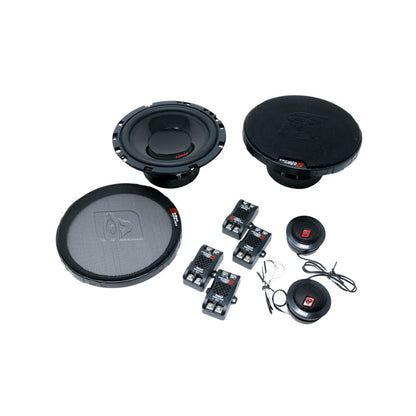 The HED Series 6.5" 2-Way Component Speaker System (H765C) features two round speakers, two tweeters, and necessary wiring. The black speakers have a protective grill and come with three rectangular crossover units for precision sound control.