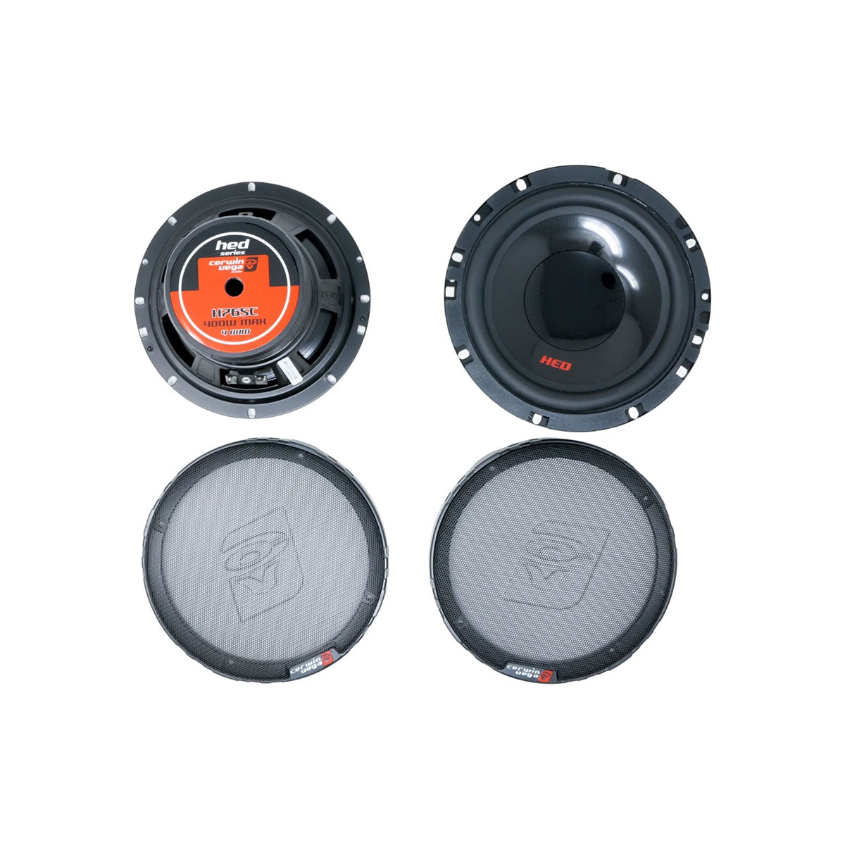 Four components from the HED Series are featured: two Cerwin-Vega subwoofers and matching grilles. The subwoofers have black cones with red OZONE accents, while the round grilles with central logos are symmetrically set against a white background.