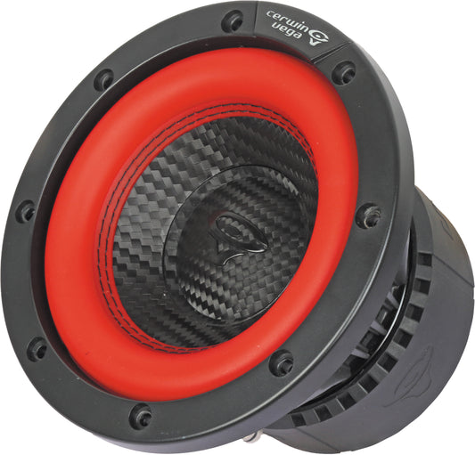 The Vega 2025 Edition Subwoofer features a 6.5" cone with a red rubber surround and carbon fiber construction. It has a black frame with multiple mounting holes, and the "Cerwin Vega" logo is displayed on the rim and cone in an angular style, showcasing its robust car audio subwoofer design.