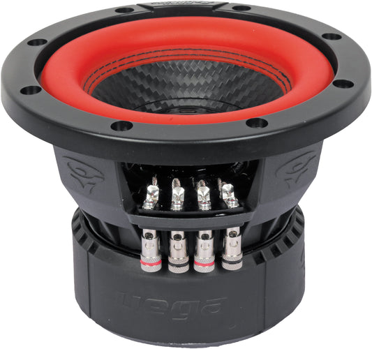 The Vega 2025 Edition Subwoofer (V65DV2) features a striking black design with a red suspension and metallic interior. It has a woven coned texture, bolt-hole upper ring, and robust black casing with silver connector terminals inscribed with "vega" at the base.