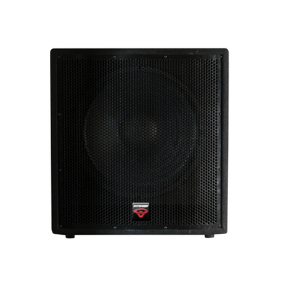 The scene features a sleek black rectangular Cerwin-Vega INTENSE Series 18" V2 Subwoofer - INT-118SV2. It has a protective mesh grille and showcases a distinct red and white logo near the bottom center, contrasting against the plain white background.