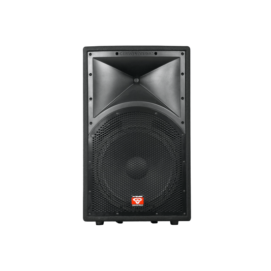 The Cerwin-Vega INTENSE Series 15" 2-WAY Full Range Passive PA Speaker (INT-152V2) features a textured black rectangular design with a triangular top section. It has a circular mesh speaker cover and a red and white logo at the bottom, making it perfect for professional DJ setups and audio amplification.