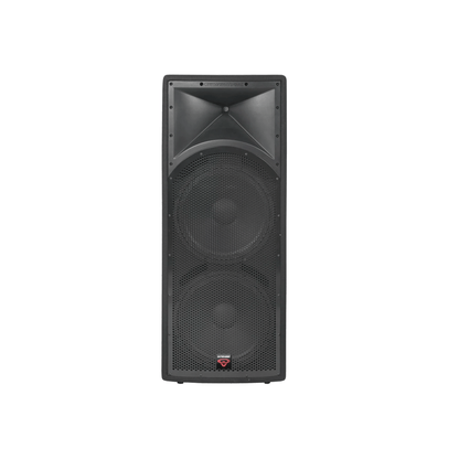 The INTENSE Series Dual 15" 2.5-Way Full Range V2 Loudspeaker - INT-252V2, with its sleek design, perforated grille, signature red emblem, dual circular woofers, and rectangular horn tweeter, is an ideal choice for professional DJ audio settings.