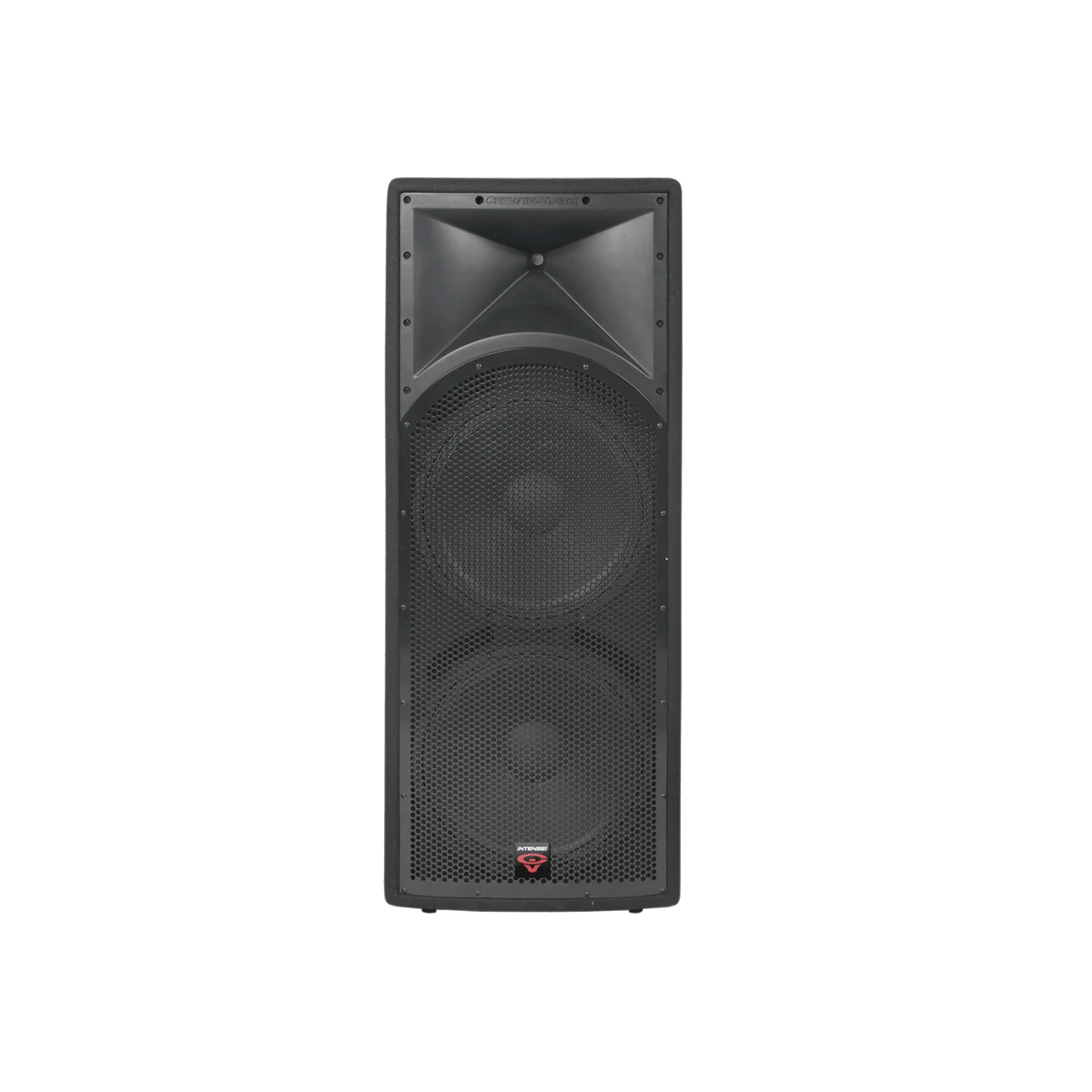 The Intense Portable Loudspeakers feature a tall, sleek black casing with two large circular drivers covered by a mesh grill and a rectangular horn tweeter on top. A small logo adorns the bottom of the unit, which is isolated on a white background.