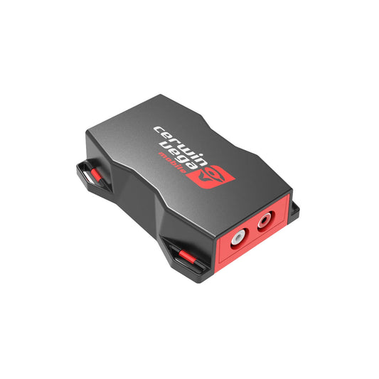 The SLMLOC2 Mini LOC is a sleek black and red device labeled "Certain Legal," featuring a digital noise filter, two circular connectors, and an adjustable 2-channel line output converter with remote trigger for enhanced functionality.