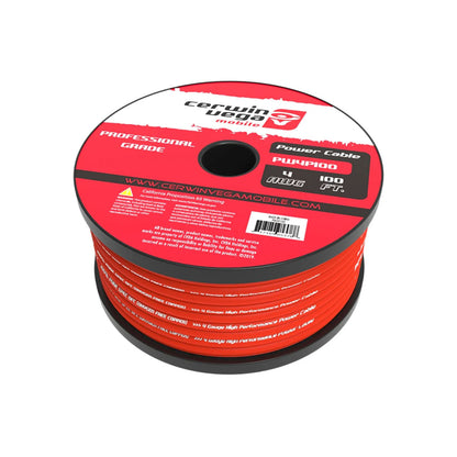 The Power Wire 4 Gauge, OFC, Frost Red 100FT Spool - PW4P100 by Cerwin-Vega Mobile is a professional-grade cable crafted for sound systems. Featuring 4-gauge oxygen-free copper with a black inner core, it ensures high-performance energy transfer. Includes brand logo and details.