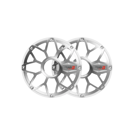 Two overlapping wheel hub caps feature a geometric, lattice-like design and display "Corazza Racing" with a red "3" logo. Their glossy silver sheen on a plain white background captures an RPM Stroker vibe, reminiscent of 10" flush mount speaker grills.